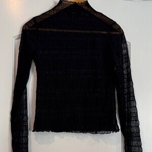 Forever 21 black sheer long-sleeved mock-neck top with lettuce-edge trim Sz Med